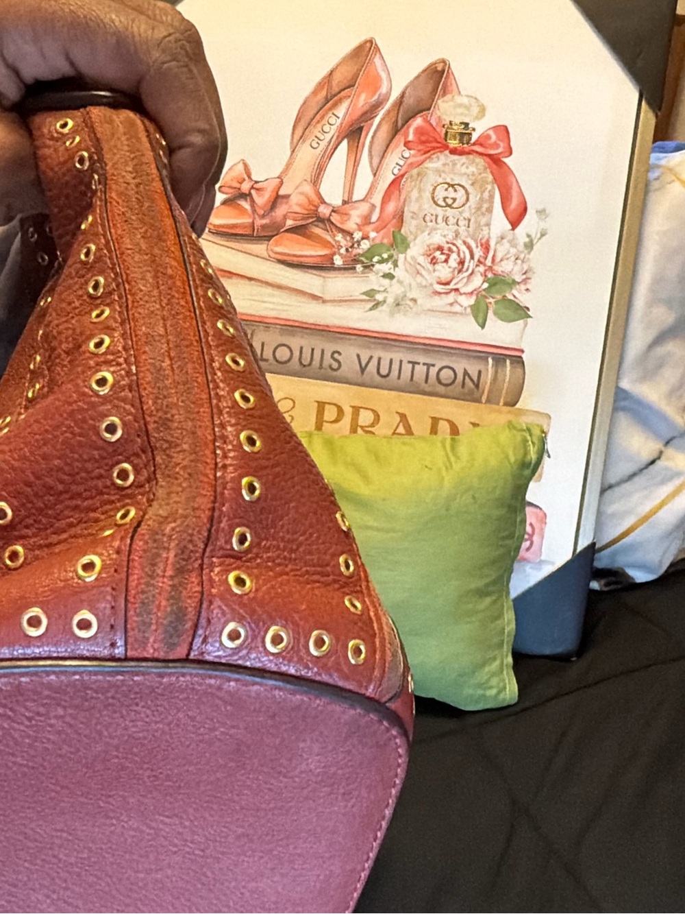 Michael Kors Astor Burgundy Pebbled Leather Grommet Tassel Shoulder Bag - Picture 12 of 16